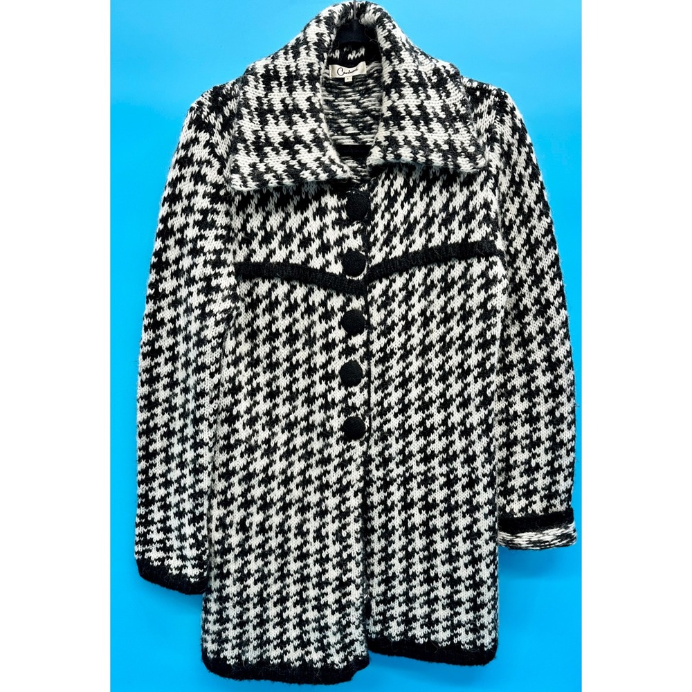 Vtg Carducci Women's Black White Houndstooth Wool Mohair Blend‎ Knit Cardigan L